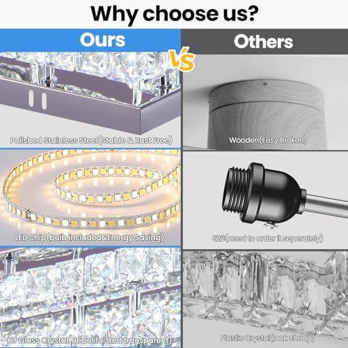 Finktonglan Modern Crystal LED Ceiling Light Fixture 20” Rectangular Flush Mount Chandelier Ceiling Lights 3-Tiers Stainless Steel Ceiling Lamp Fixtures for Living Room Dining Room(6500K Cool White)