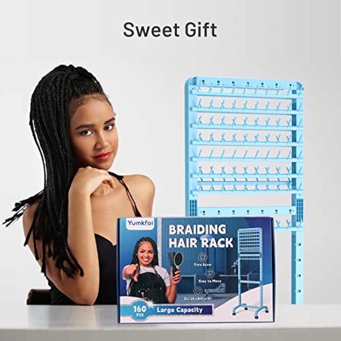 Yumkfoi Adjustable Braiding Rack 160 Pegs, Double-Sided Standing Holder for Hair, Adjustable Height With Wheels, Separator Stand Extension Holder for Stylists