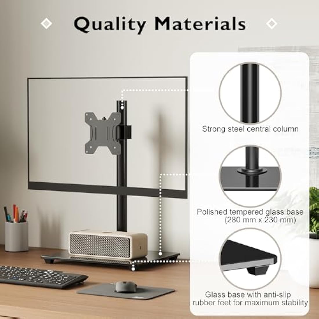 BONTEC Single Arm Monitor Stand for 13-32 Inch Screens, Freestanding Monitor Mount with Glass Base Up to 10 KG, Adjustable Motion Tilt ±75° Swivel ±80° Rotation 360°, VESA 75/100mm