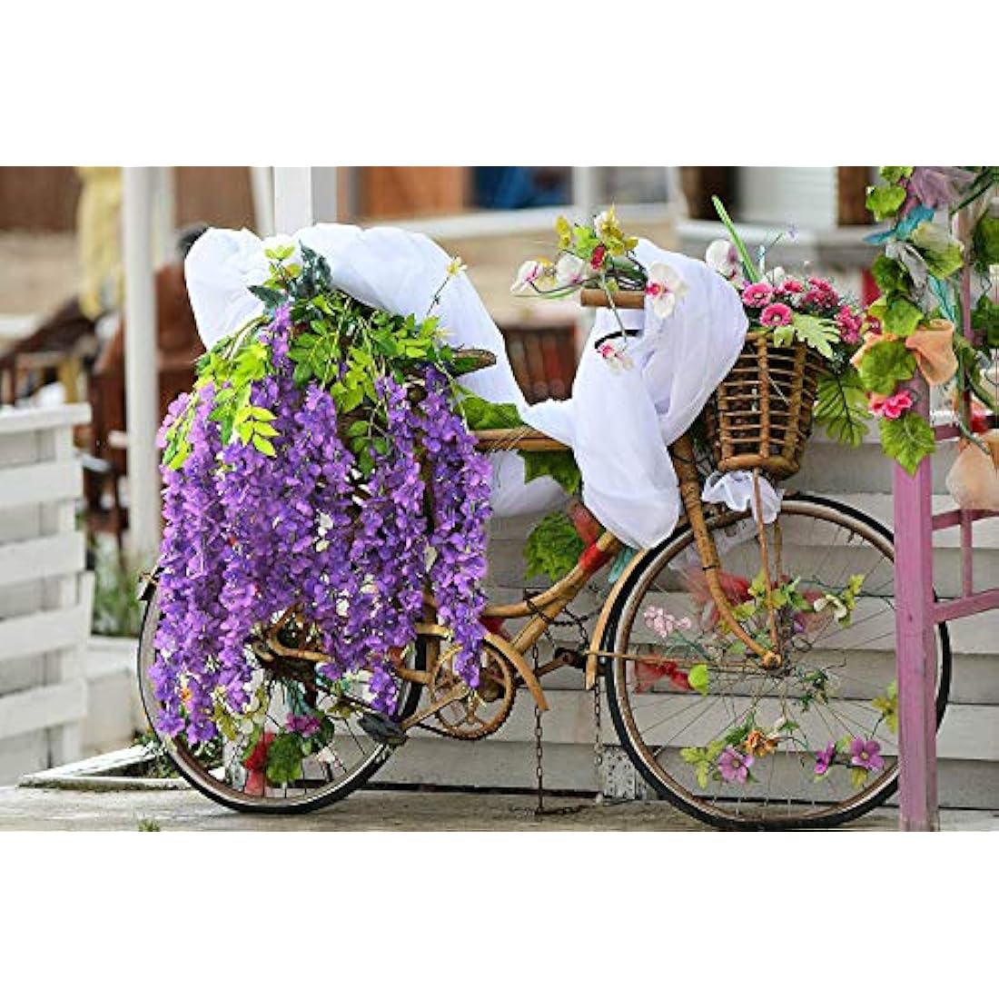 SZJH 12pcs 3.6 Feet/Piece Artificial Fake Wisteria Vine Ratta Hanging Garland Silk Flowers String Home Party Wedding Decor (Purple)