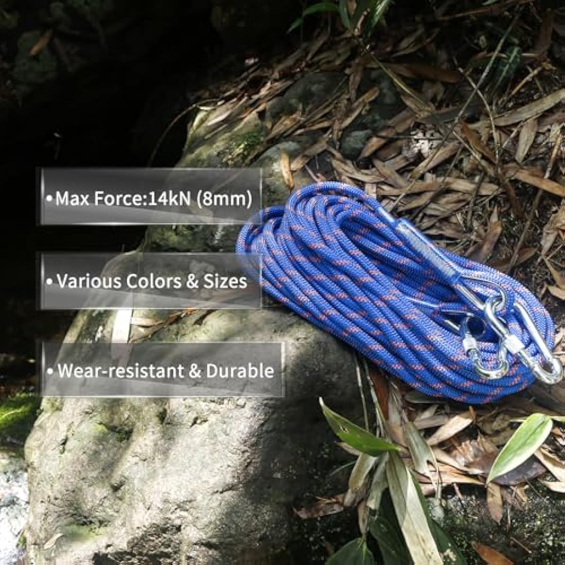 NewDoar 14KN Static Climbing Rope 8mm Accessory Cord Equipment 33FT(10M) 66FT(20M) 98FT(30M) 165FT(50M) Escape Rope with 2 Carabiners for Ice Climbing Fire Rescue Rope Safety Rope
