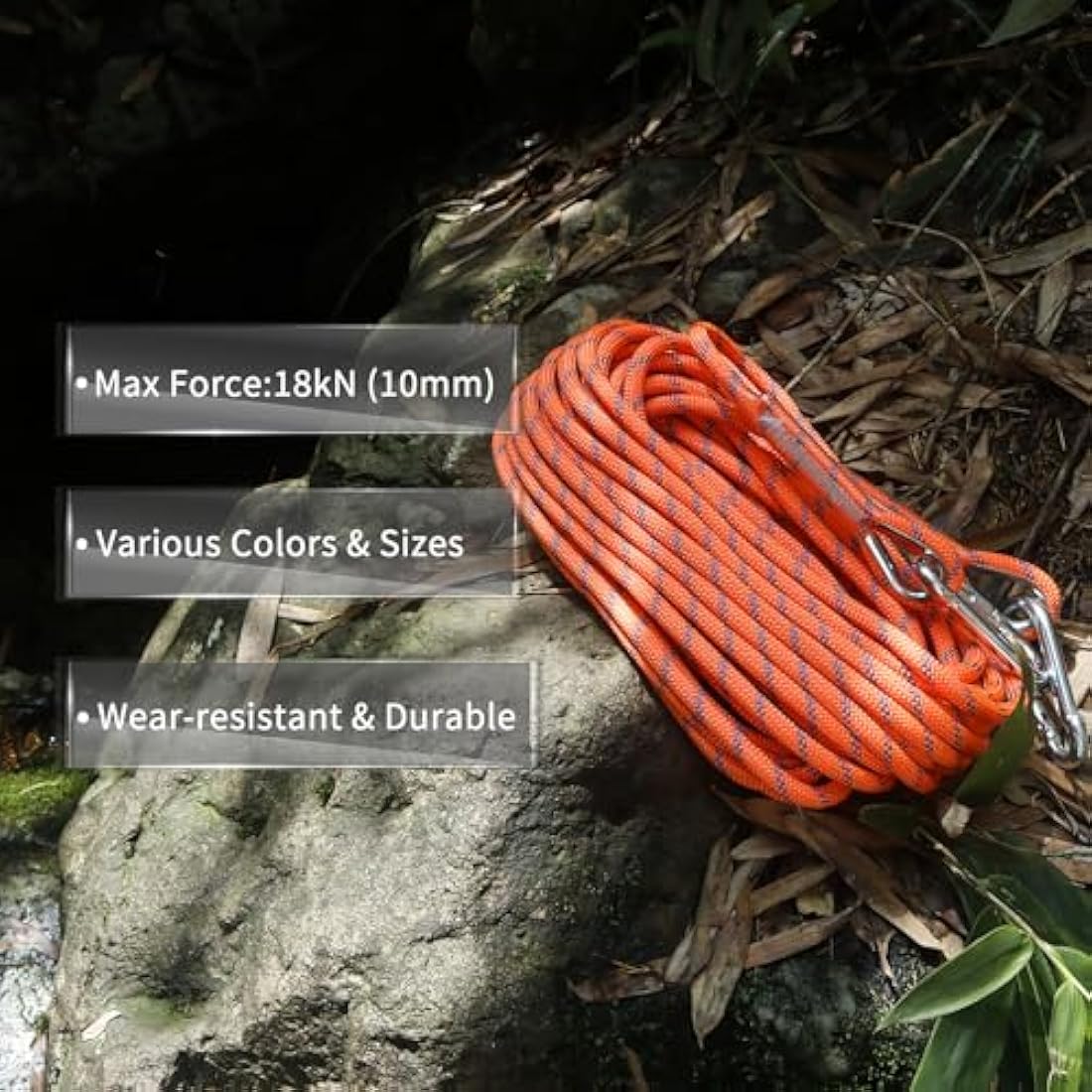 NewDoar 18KN Static Climbing Rope 10mm Accessory Cord Equipment 33FT(10M) 66FT(20M) 98FT(30M) 165FT(50M) Escape Rope with 2 Carabiners for Ice Climbing Fire Rescue Rope Safety Rope