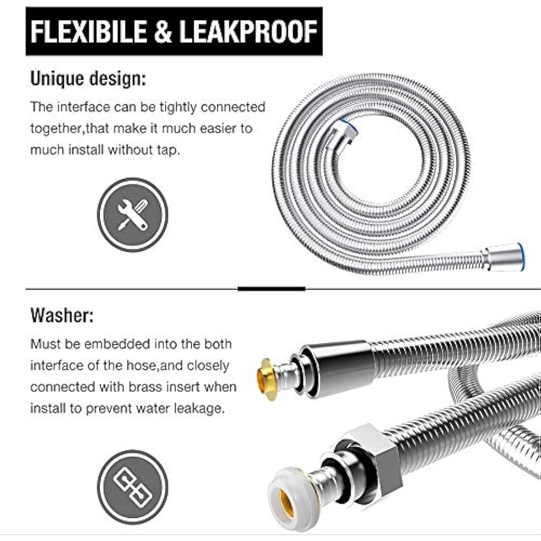 Shower Hose 1M / 1.5M / 2M / 300cm / 4M / 5M Stainless Steel Extra Long Shower Head Hose, with Solid Brass Connector, Anti-Kink and Tangle Free. (300cm)
