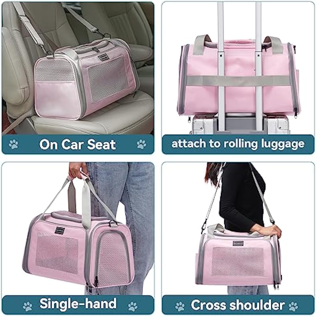 PETSFIT Cat Carrier Soft,Pink Pet Carrier with Extendable Fleece Mat, Puppy Carrier Airline Approved with Safety Leash for Pets Up to 12 Lbs (44 * 26.5 * 27CM, Pink)