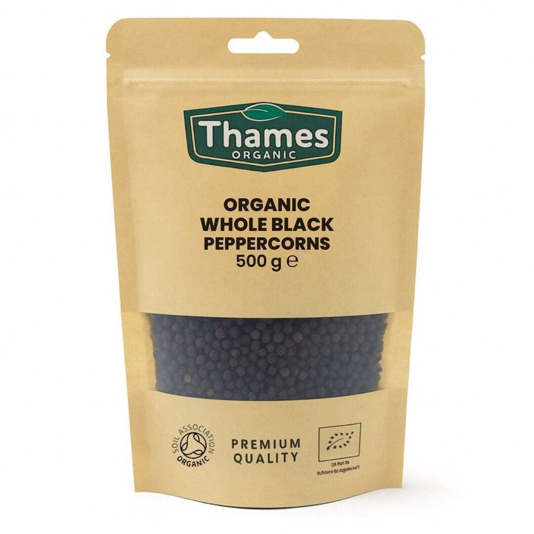 Organic Whole Black Peppercorns-Certified Organic, Non-GMO, Vegan, No Additives, No Preservatives, Resealable Bag by Thames Organic 500g
