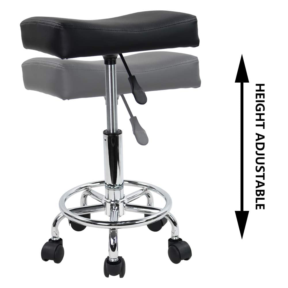 KKTONER Square Rolling Stool PU Leather Height Adjustable Swivel Massage SPA Salon Stools Task Chair with Wheels (Black)