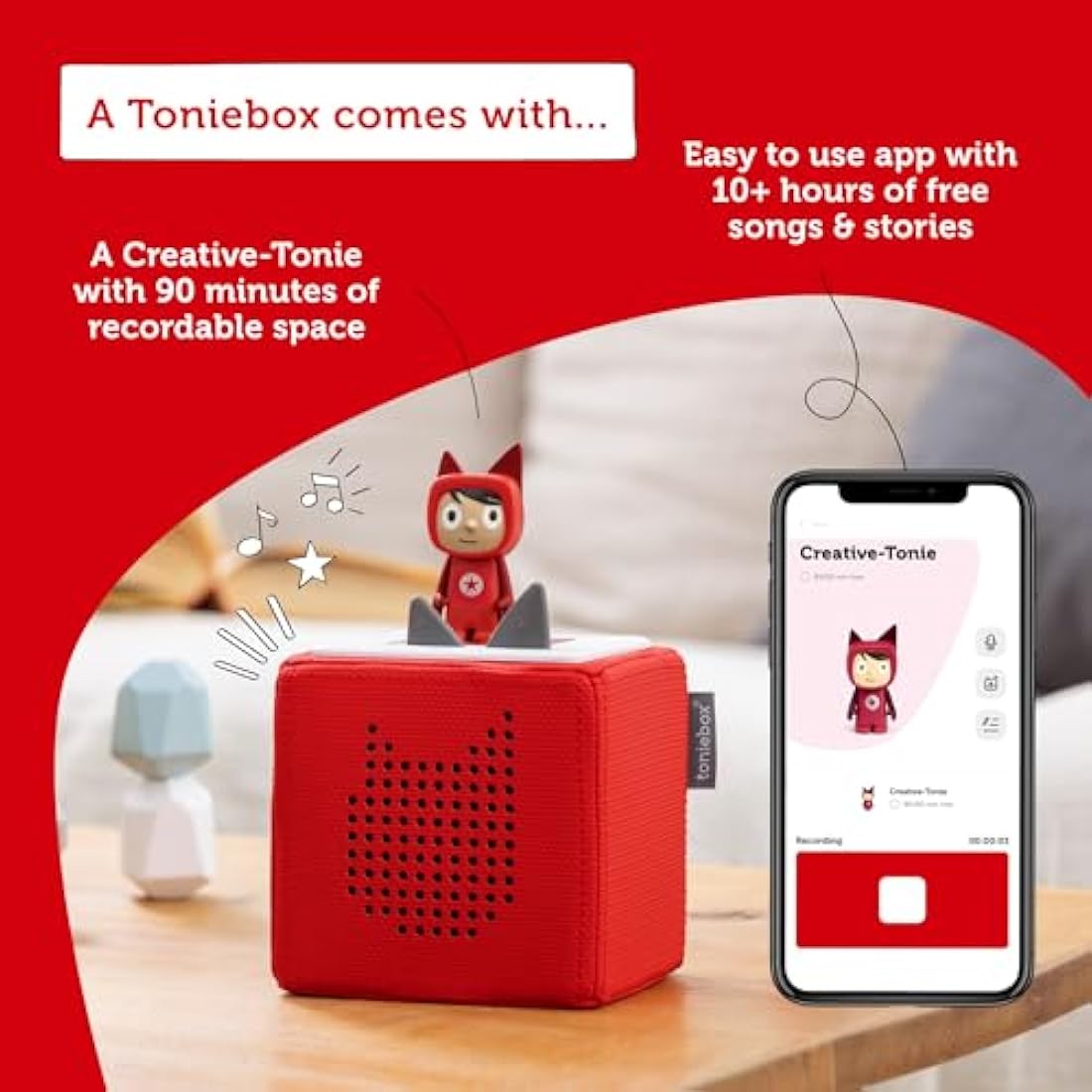 tonies Toniebox Wireless Musical Storybox Starter Set, including 1 Creative, Red