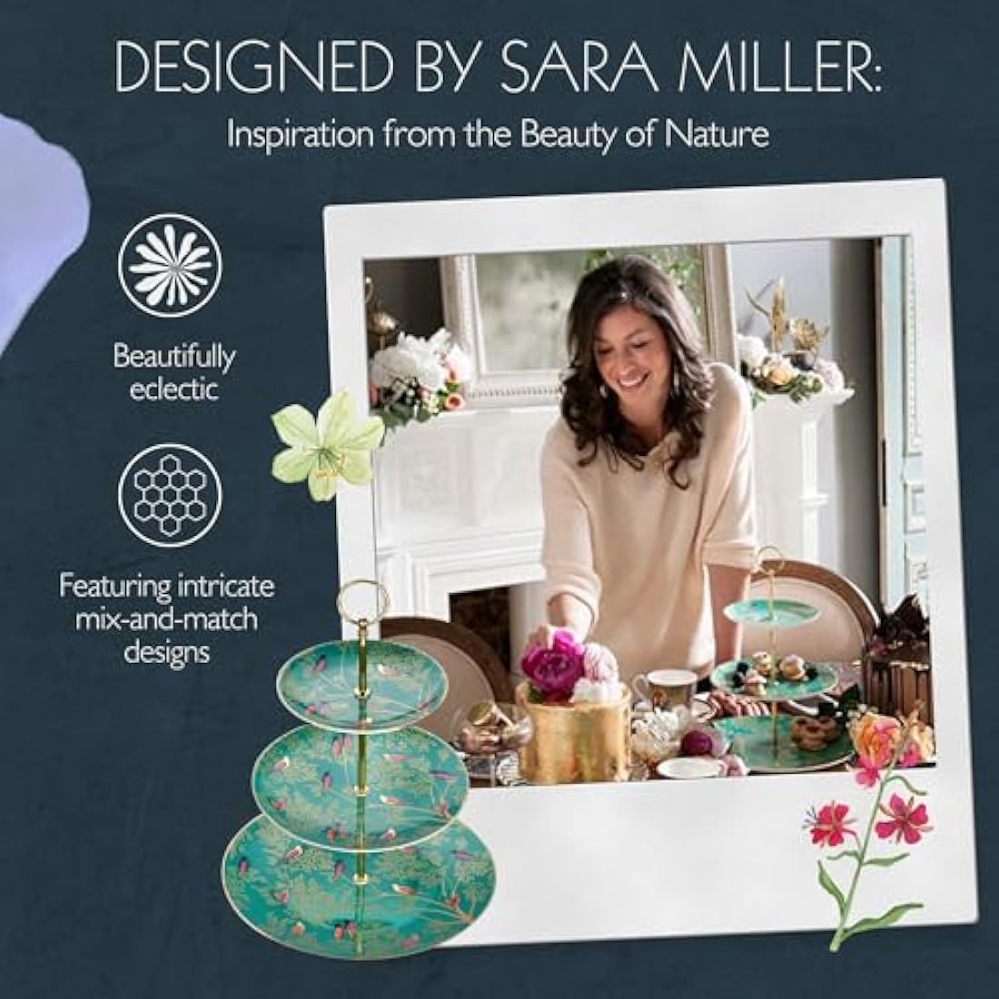 Sara Miller for Portmeirion Chelsea 3 Tier Cakestand Green, Ceramic, 280 x 280 x 60 cm