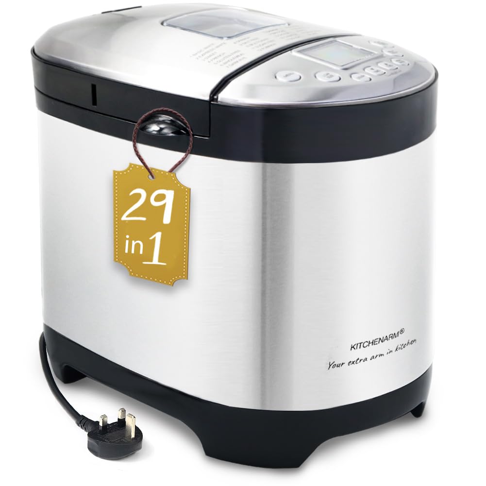 KITCHENARM 29-in-1 SMART Bread Maker Machine UK Model with Gluten Free Setting - 900G 700G 500G Stainless Steel Breadmaker with Recipes for UK -