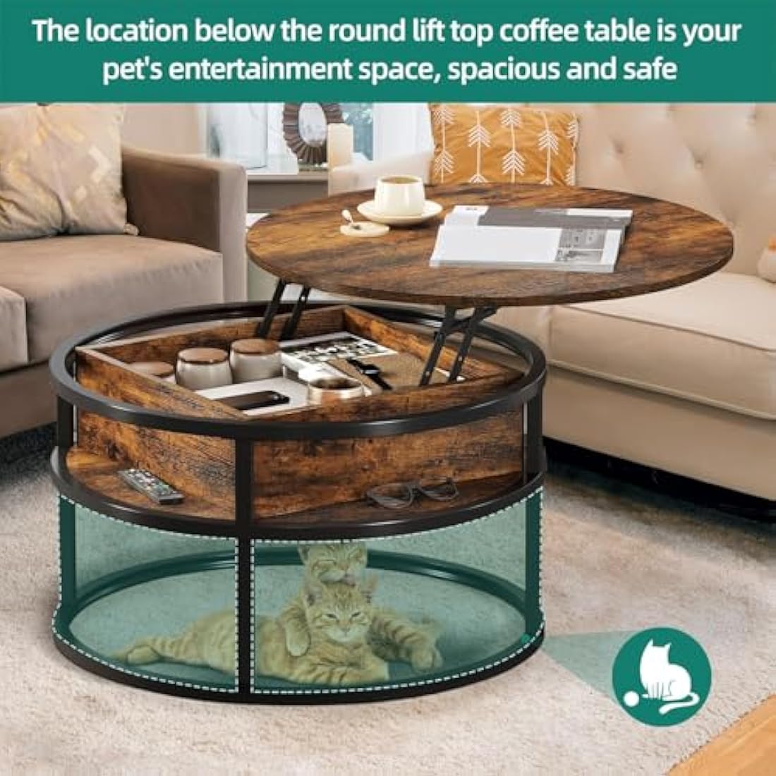 YITAHOME Round Lift Top Coffee Table, Coffee Tables for Living Room with Hidden Storage Compartment, Modern Coffee Table with Storage for Home Office,Round Center Tables Living Room (Brown)