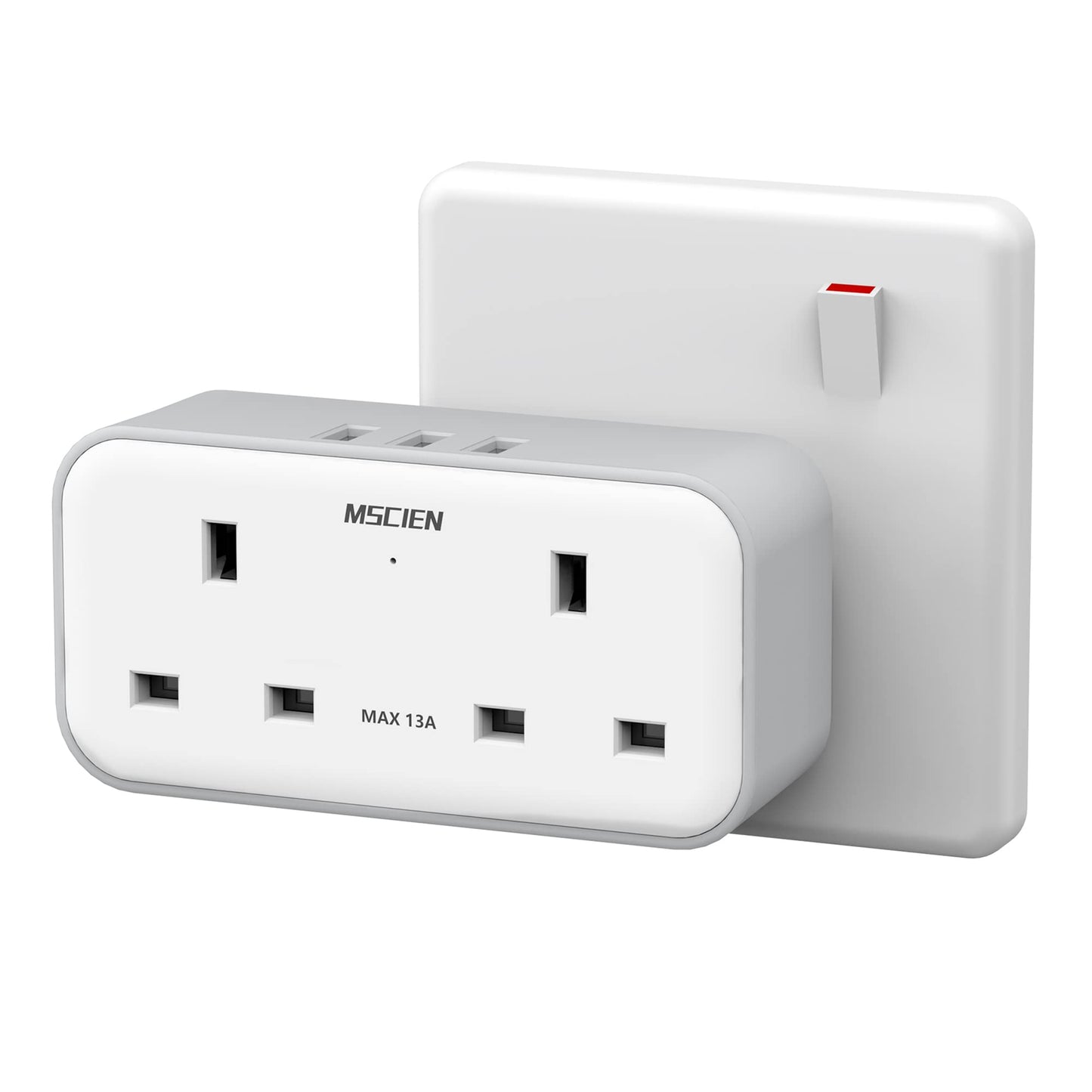 Plug Adapter with 3 USB, Mscien Double Plug Adaptor, Multi Plug Extension, Dual 2 Pin Socket at The Bottom, 13A UK Surge Protected Multiplug Extender,