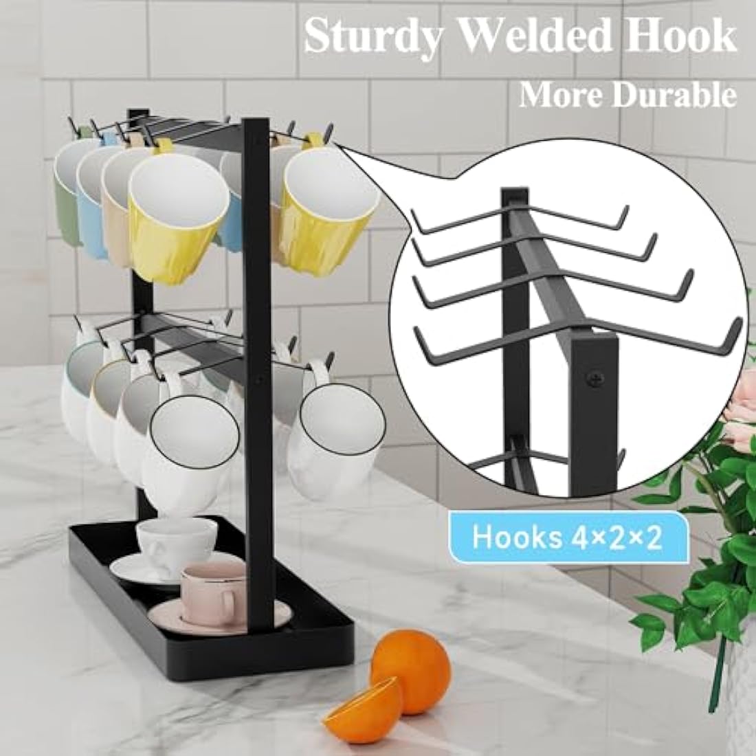 YUMORE Coffee Mug Holder Stand,16 Cup Hooks Countertop Mug Tree Holder Rack with Storage Base 2 Tier Counter Cups Mugs Display Storage Organizer for Kitchen Tea Coffee Bar, Black, Metal