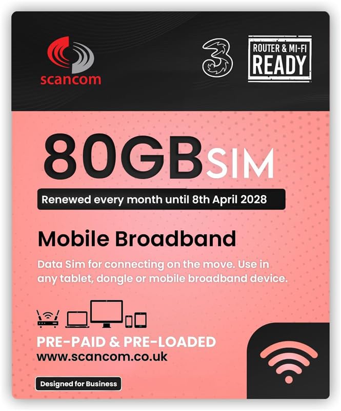 Three 80GB Data SIM - Uncapped 5G - Preloaded MONTHLY Until April 2028 - Plug & Play for Routers & Phones - Access to Three & Vodafone - Connects to