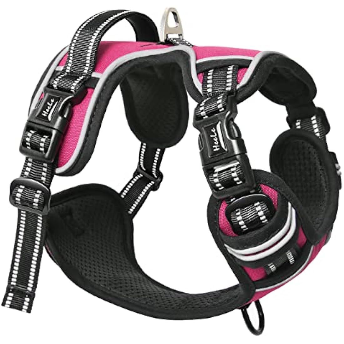 HEELE No Pull Dog Harness, Release on Neck, Reflective Adjustable Dog Harness with Front Back 2 Leash Attachments and Soft Padded Control Handle for Small Medium Large Dogs, Fuchsia, S