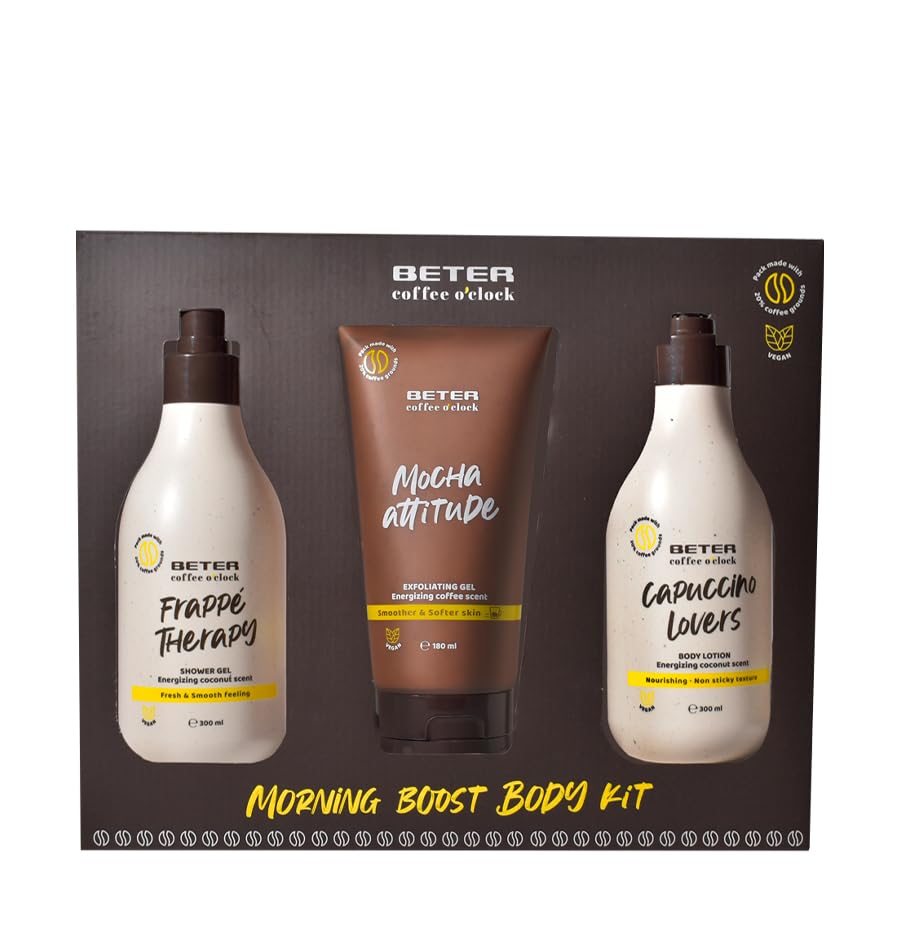 Beter - Coffee O?clock Body Care Set 3-Piece Shower Set with Bath Gel, Body Lotion, and Exfoliating Gel, Coffee and Coconut Scent, Bath Set for Women,