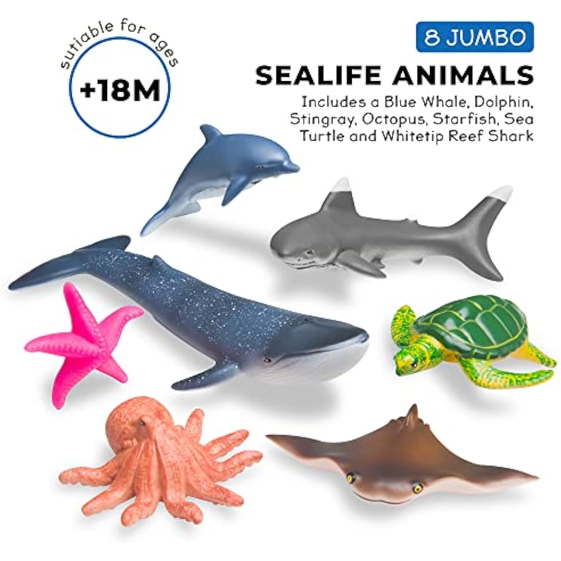 Learning Minds Jumbo Sea Animal Figures - Set of 7 Educational Fish Toys For Children - Shark, Whale, Dolphin Toys For Kids - Toy Fish & Sea Creatures For Children - Suitable From Age 18 Months