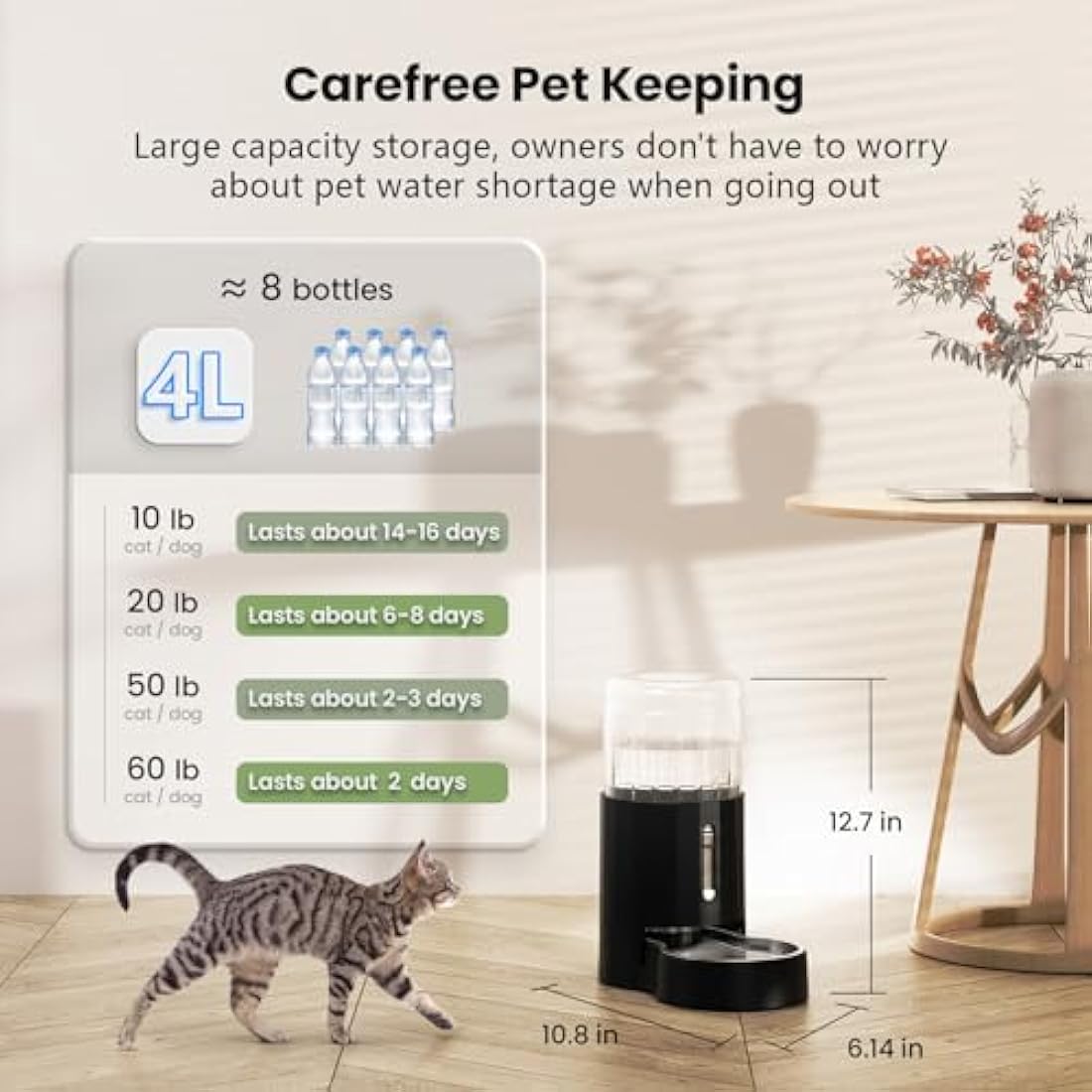 JUNSPOW Drinking Fountain for Cats with Stainless Steel Bowl 4 L, No Electricity & Ultra Silent Automatic Water Dispenser for Large Dogs/Multi-Cat Household, Black