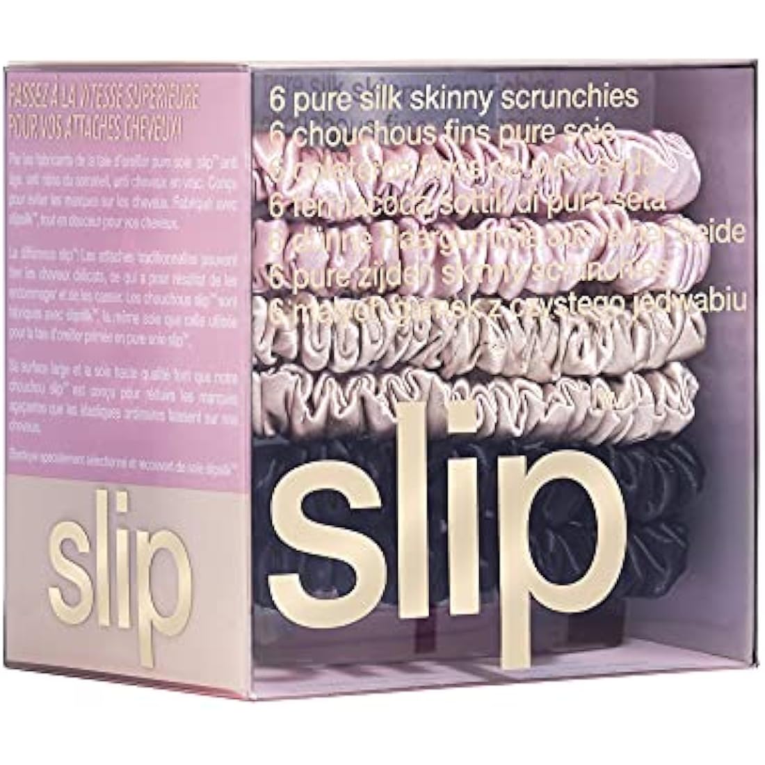 SLIP Silk Skinnie Scrunchies Set - Black, Pink, and Caramel - 100% Pure 22 Momme Mulberry Slipsilk Hair Ties for Women - 6 Pack