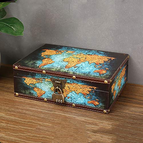 Vintage Wood Treasure Chest With Map Leather Surface - Keepsake Jewelry Box for Kids, Teenagers and Adults - Pirate Storage Box With Lock -