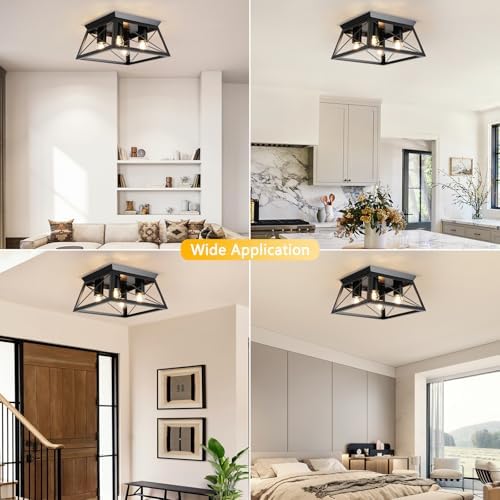 FORCOSO 4-Light Ceiling Lights - Black Industrial Ceiling Light E27 Modern Flush Mount Ceiling Lamp LED Metal Vintage Ceiling Light Fixture for Living Room Bedroom Kitchen - NO Bulb