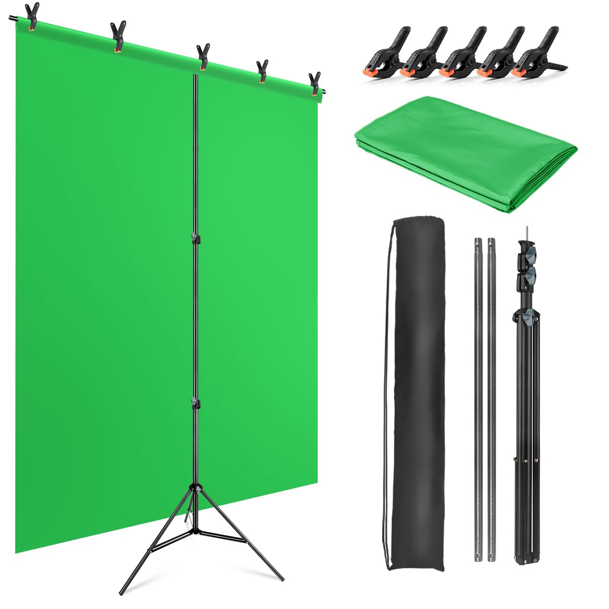 JEBUTU Green Screen Background with Stand 1.5m x 2m (5ft x 6.5ft), 1.5m x 2m Green Screen Photography Backdrop Kit for Chroma Key, Gaming, Photo