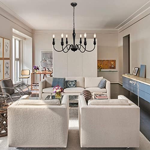 MRHYSWD Black Chandelier, 6 Lights Metal Vintage Chandeliers Ceiling Lights Living Room Bedroom Kitchen Hall, Vintage Pendant Light with E14 Socket - Height Adjustment - Without Bulbs