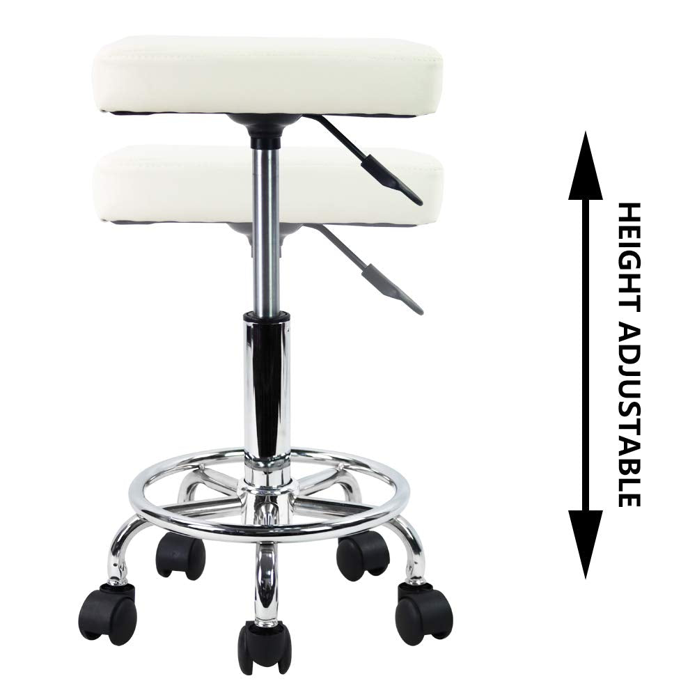 KKTONER Square Rolling Stool with Foot Rest PU Leather Height Adjustable Spa Drafting Salon Tattoo Work Swivel Stools Task Chair Small (White)