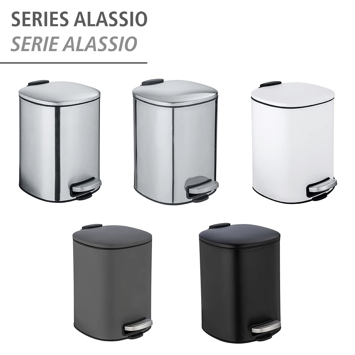 WENKO Alassio Cosmetic Pedal Bin, 5 Litre Volume Bathroom Bin with Easy-Close Mechanism, Painted Steel, 24.5 x 20.5 x 27 cm, White
