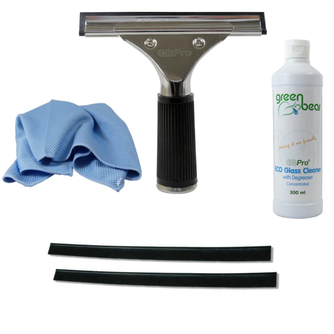 GBPro Professional Window Squeegee Stainless Wiper 15cm / 6 inch + Glass Cleaner 500ml,Fishscale Microfibre Glass Cloth, Machine Cut High Grade Rubber