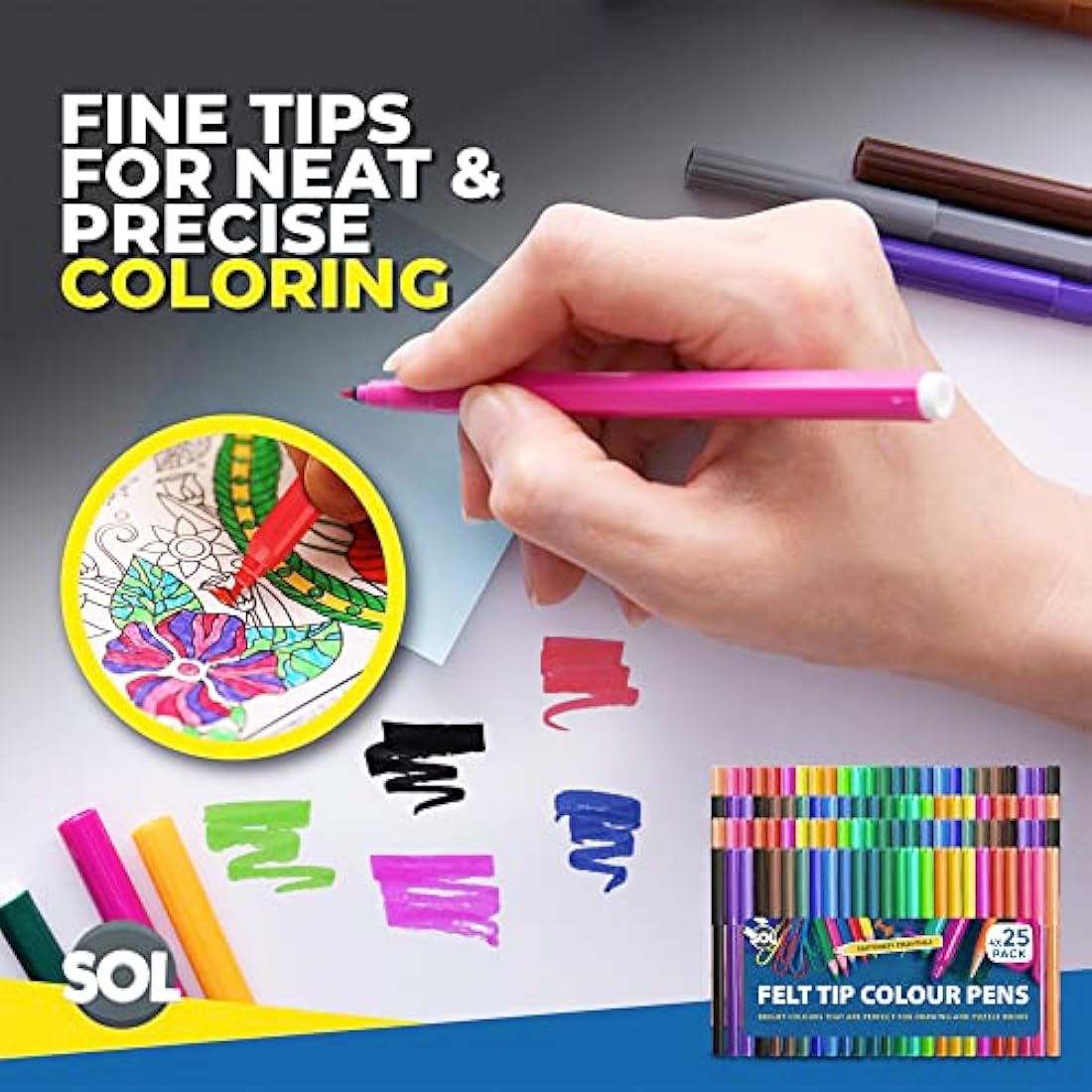 SOL 100 Felt Tips Colouring Pens for Adults & Kids Felt Tip Pens for Children Drawing Coloured Pens Felt Pens, Colouring Pens for Kids Coloured Markers Pack Felt Tip Pens for Adults Colouring Book