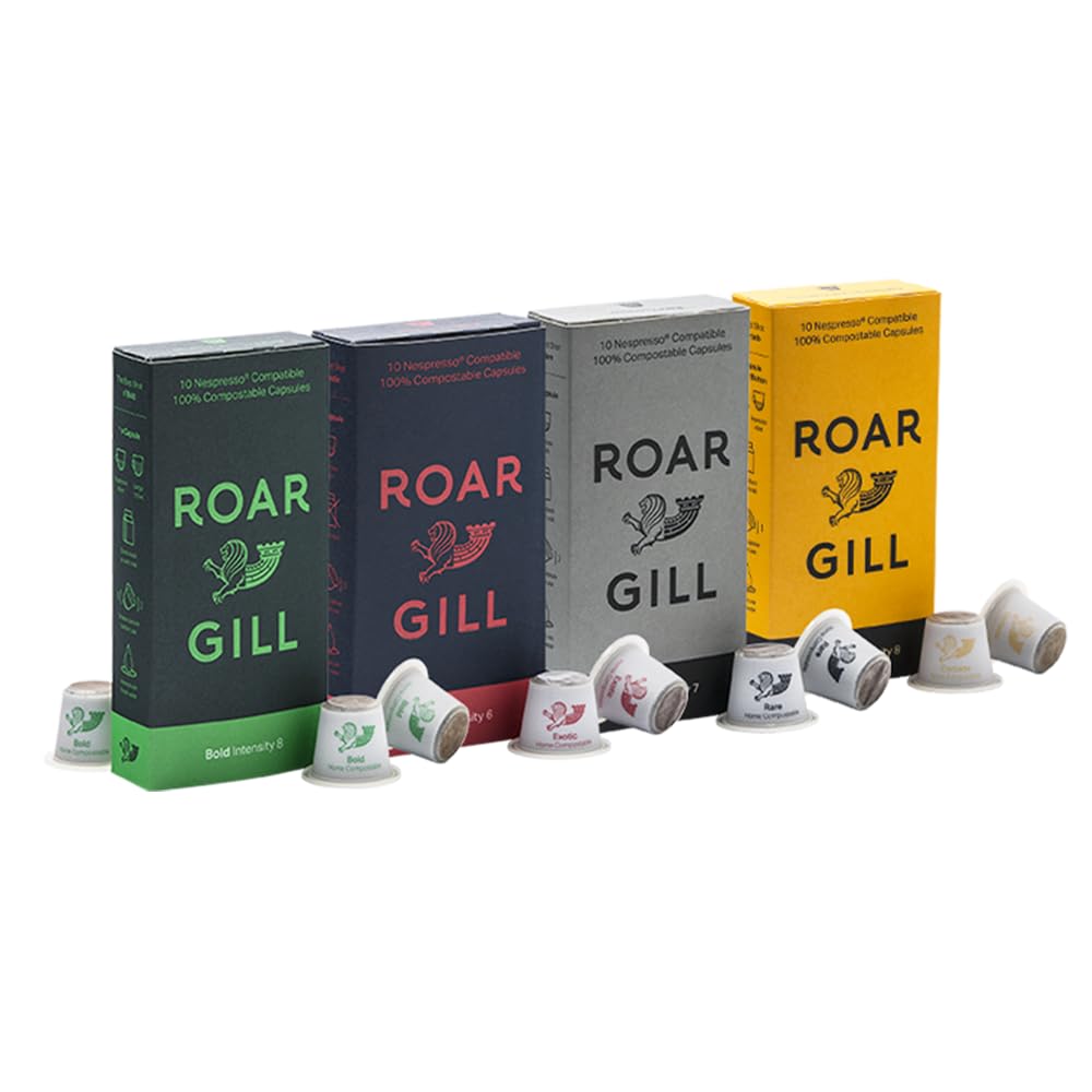 Roar Gill Starter Variety 40 Compostable Coffee Pods, compatible with Nespresso Original Machines ? Intensity Level 8 ? Dark chocolate, treacle,