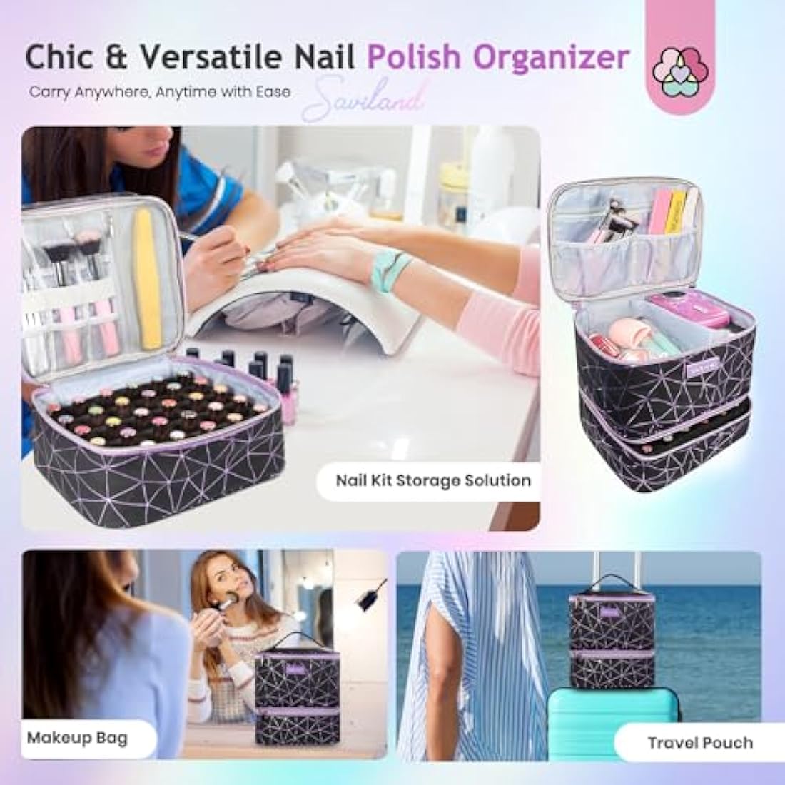 SAVILAND Nail Polish Organizer Bag: PU Leather Nail Kit Organizer Holds 30 Bottles & Nail Lamp, Black Nail Supply Organizer Nail Polish Carrying Case Gel Nail Organizers and Storage Box for Nail Tech