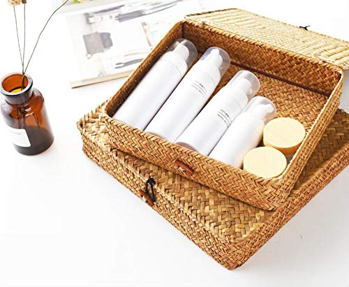 Seagrass Storage Box with Lids Rectangular Organization Wicker Shelf Baskets Natural Woven Stackable Set of 2 (Large+Small)