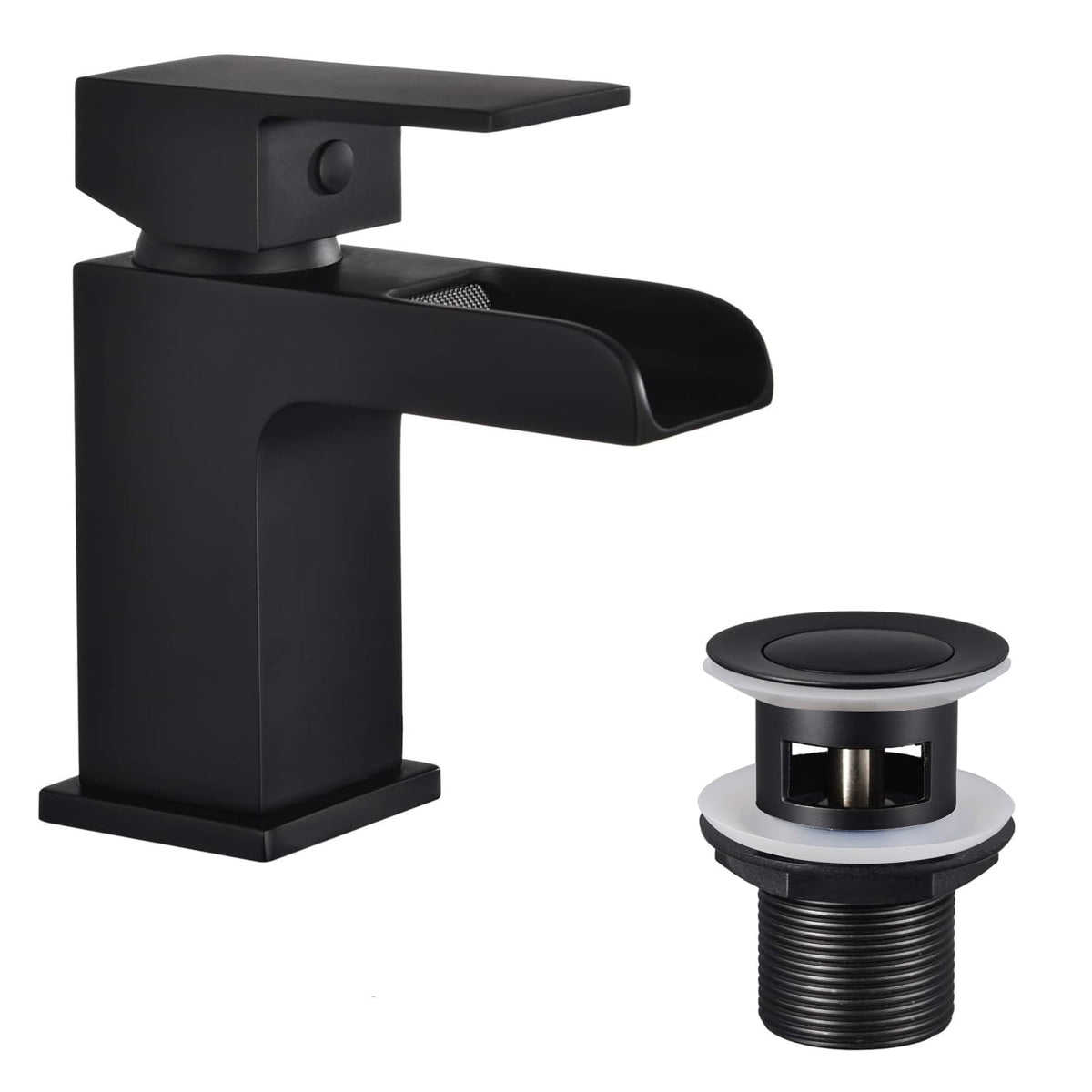 Funime Basin Mixer Taps Black Square with Slotted Pop-up Waste Waterfall Bathroom Sink Tap Brass Single Lever G1/2?? with Hoses Semi-Open Hot and Cold