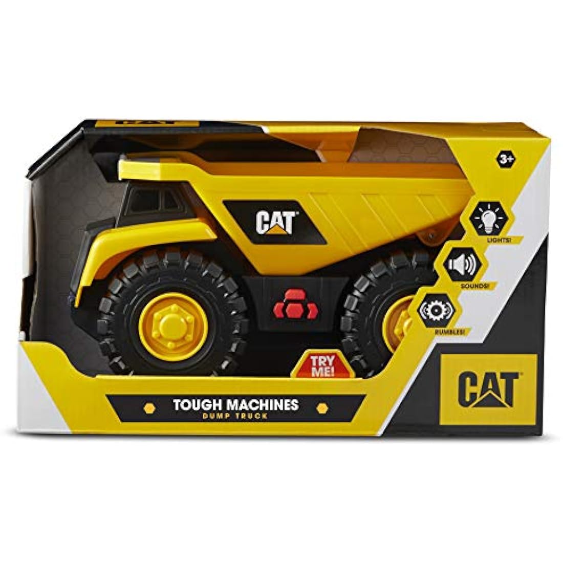 CatToysOfficial Construction Tough Machines Dump Truck Vehicle, free-wheeling with Lights & Sounds and movable bin. For children aged 3+, Yellow