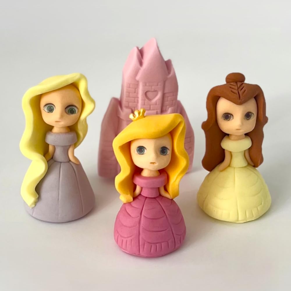 4x Princess Cake Toppers Set - Princess Castle Girls Birthday Party Wedding Baby Shower Christening Cupcake Decoration - Comes with an Edible Glue