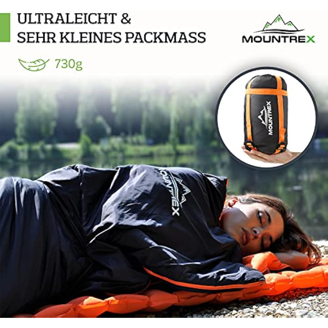 MOUNTREX® Sleeping Bag - Small Pack Size & Ultralight (700g) Summer Blanket Sleeping Bag - Camping, Travel, Festival - Adults