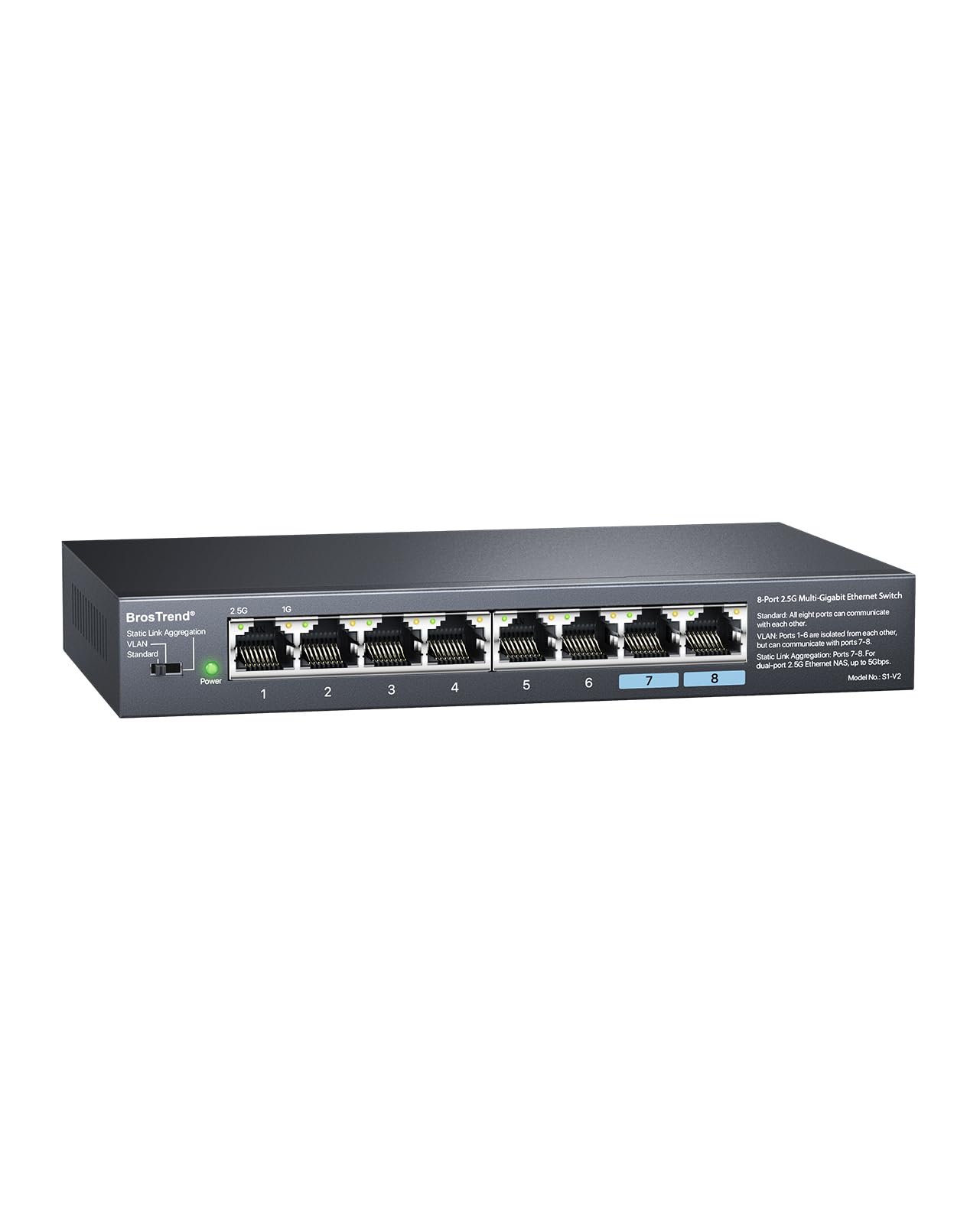 BrosTrend 8 Port 2.5Gb Switch, Unmanaged Network Switch Supports Static Link Aggregation & VLAN Ideal for Gaming NAS PC, Ethernet Splitter Plug & Play