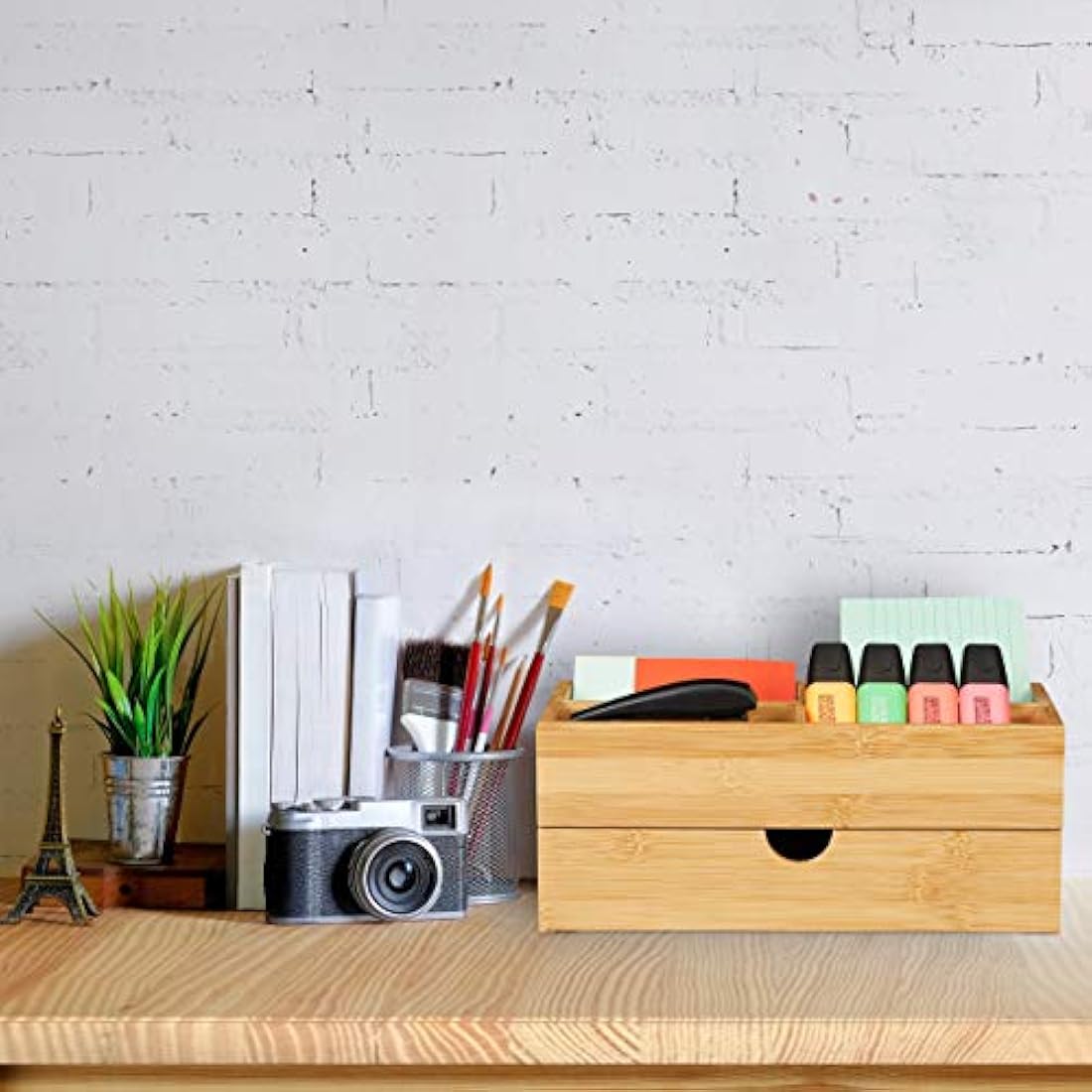 Relaxdays Bamboo Cosmetics Organiser, Multifunctional, 4 Compartments & Drawer, Desk Storage, Natural