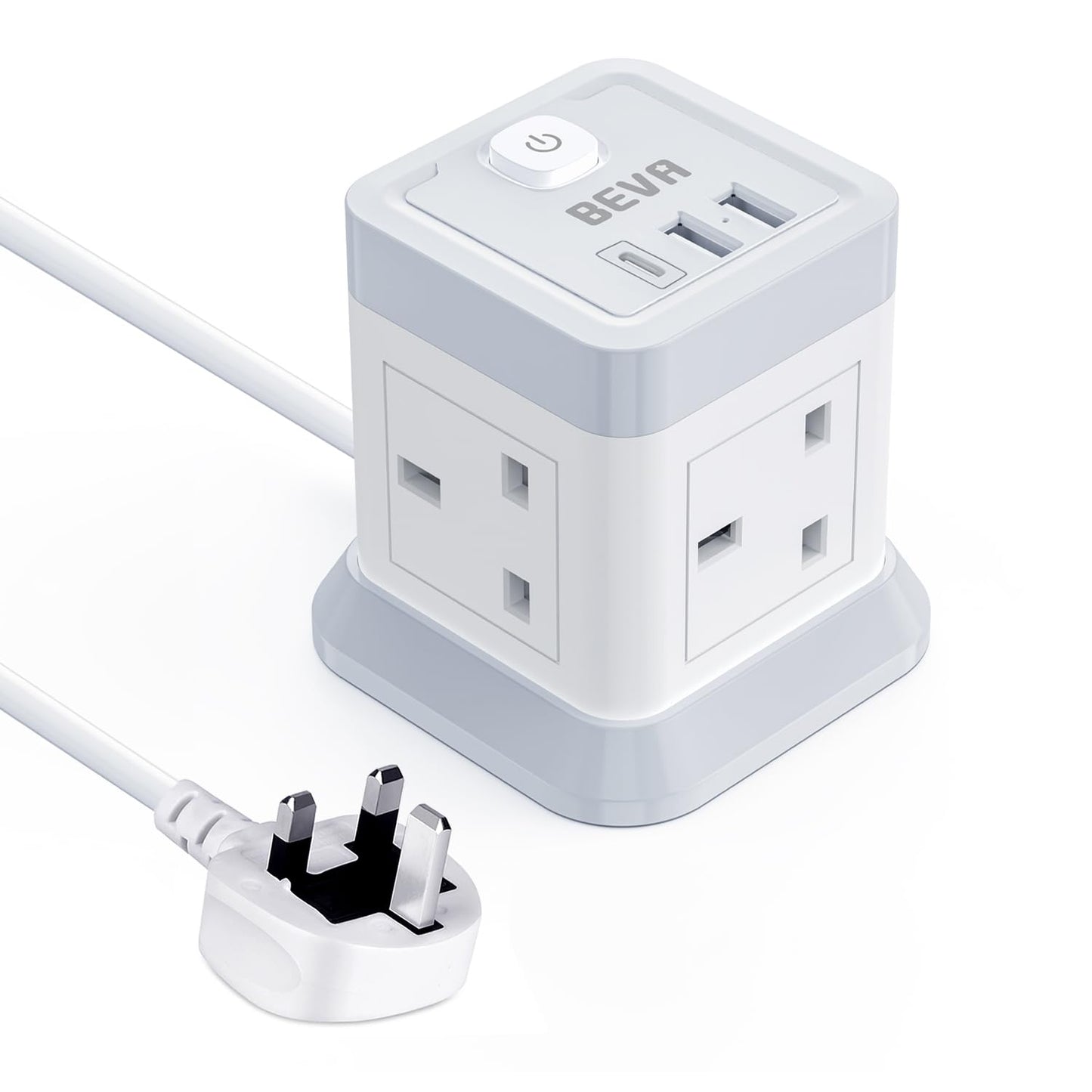 3M Extension Lead Cube With USB, BEVA 4 Gang Extension Socket With 3 USB Ports, Power Strip With Switch Multi Plug Extension with 3 Metre Long Cable