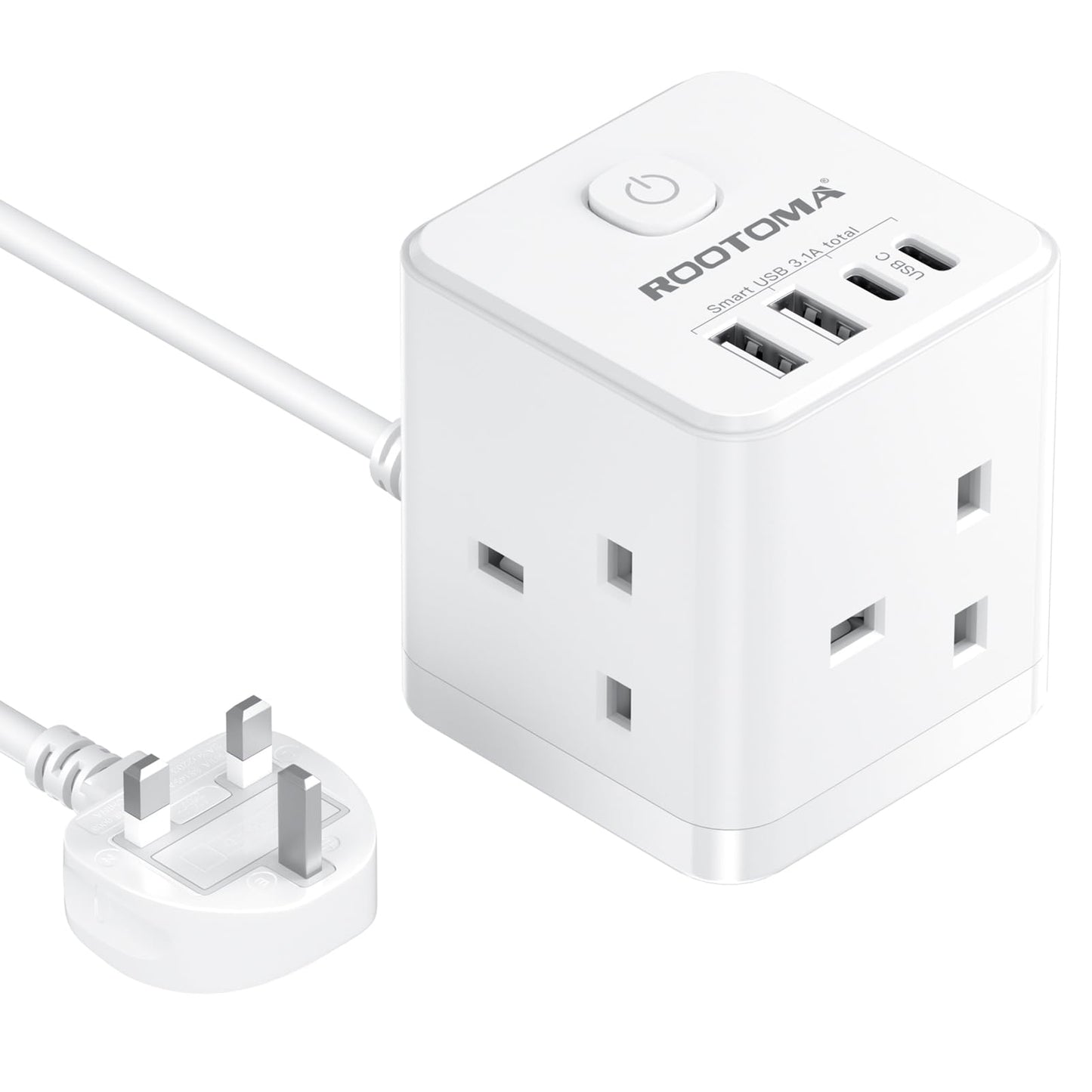 Cube Extension Lead with USB C Slots, 3 Way Power Extension with 4 USB (5V/3.1A 15.5W), Small Tower Extension Lead for Home, Office, Dorm Room, 2M,