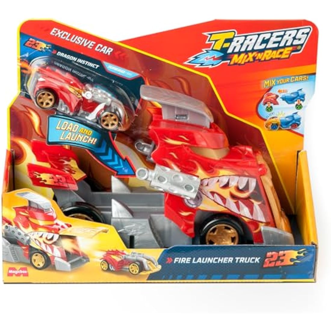 T-RACERS MIX´N RACE Fire Launcher Truck – Launcher truck with fire details. Includes 1 exclusive T-Racers vehicle - press the trigger to launch. Compatible with other T-Racers Mix ´N Race