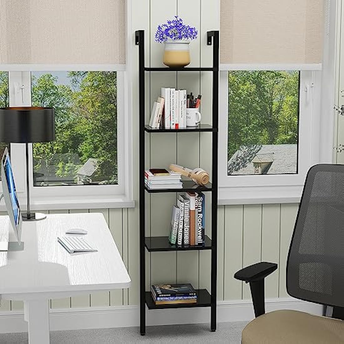 YMYNY Bookshelf Wall Mounted, Ladder Shelf, 5-Tier Bookcase Rack, Storage Unit with Metal Frame, Industrial Floating Wall Shelf for Living Room, Kitchen, Office, 40×30×178CM Black HBC015B