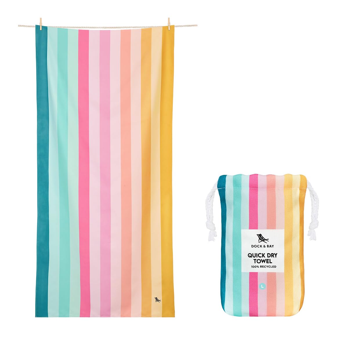 Dock & Bay Beach Towel - Quick Dry, Sand Free - Compact, Lightweight - 100% Recycled - Includes Bag - Summer - Coastal Candy, Large (160x90cm, 63x35)