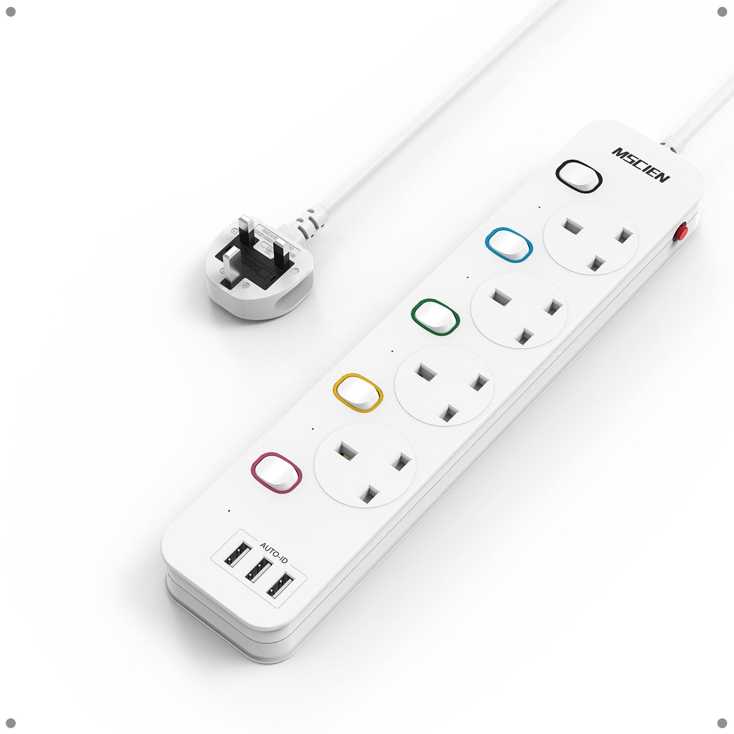 Mscien Extension Lead 1M with USB Slots 4 Way Wall Mounted, 1M Extension Lead Switched with Multiple Protection, Fused Power Strip 4 Sockets White,