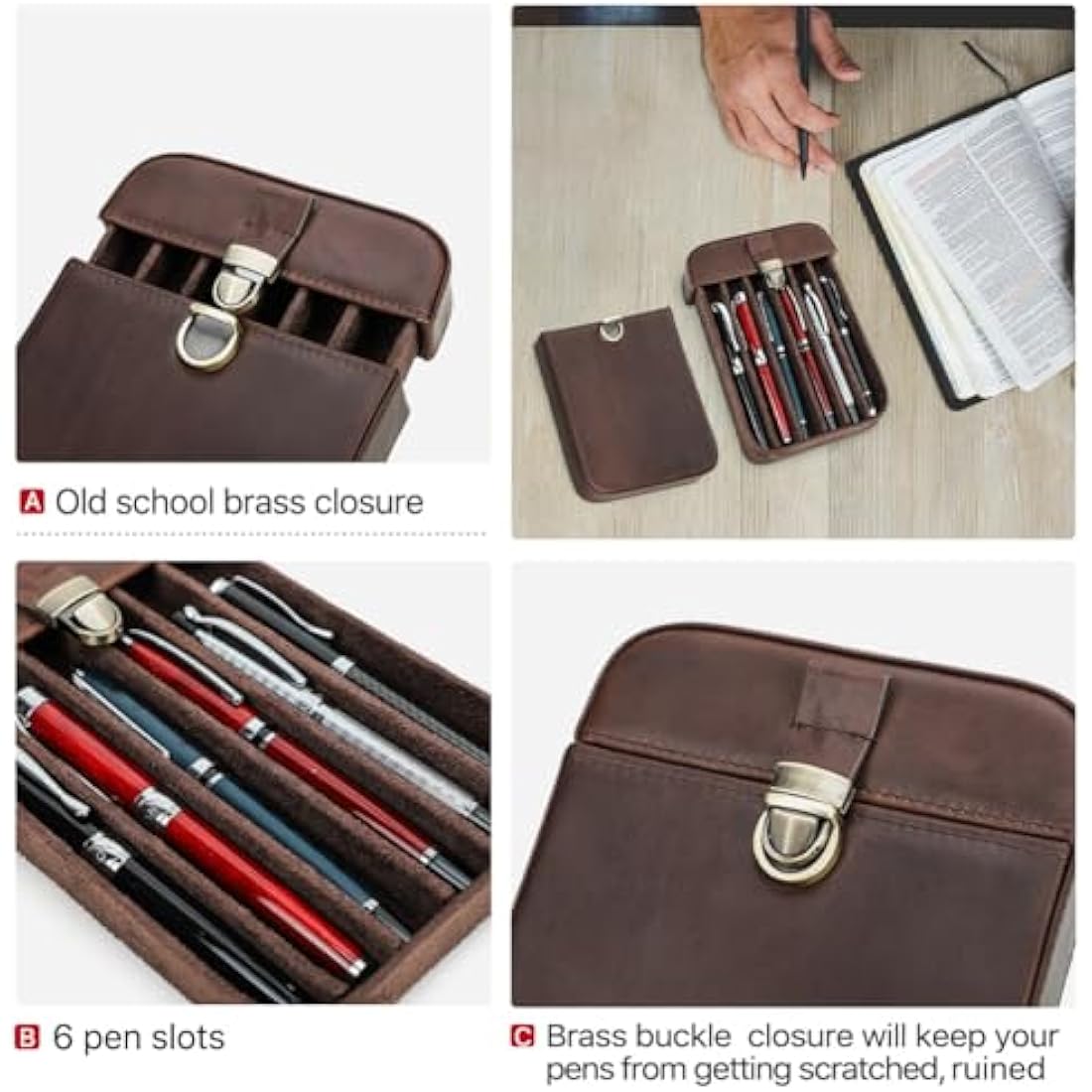 CONTACTS Leather Pen Case for 6 ountain pens, Brushes,Pencil Holder Display,Pen Protective Travel Sleeve,Old School Elegant Desk Accessory Organizer Box