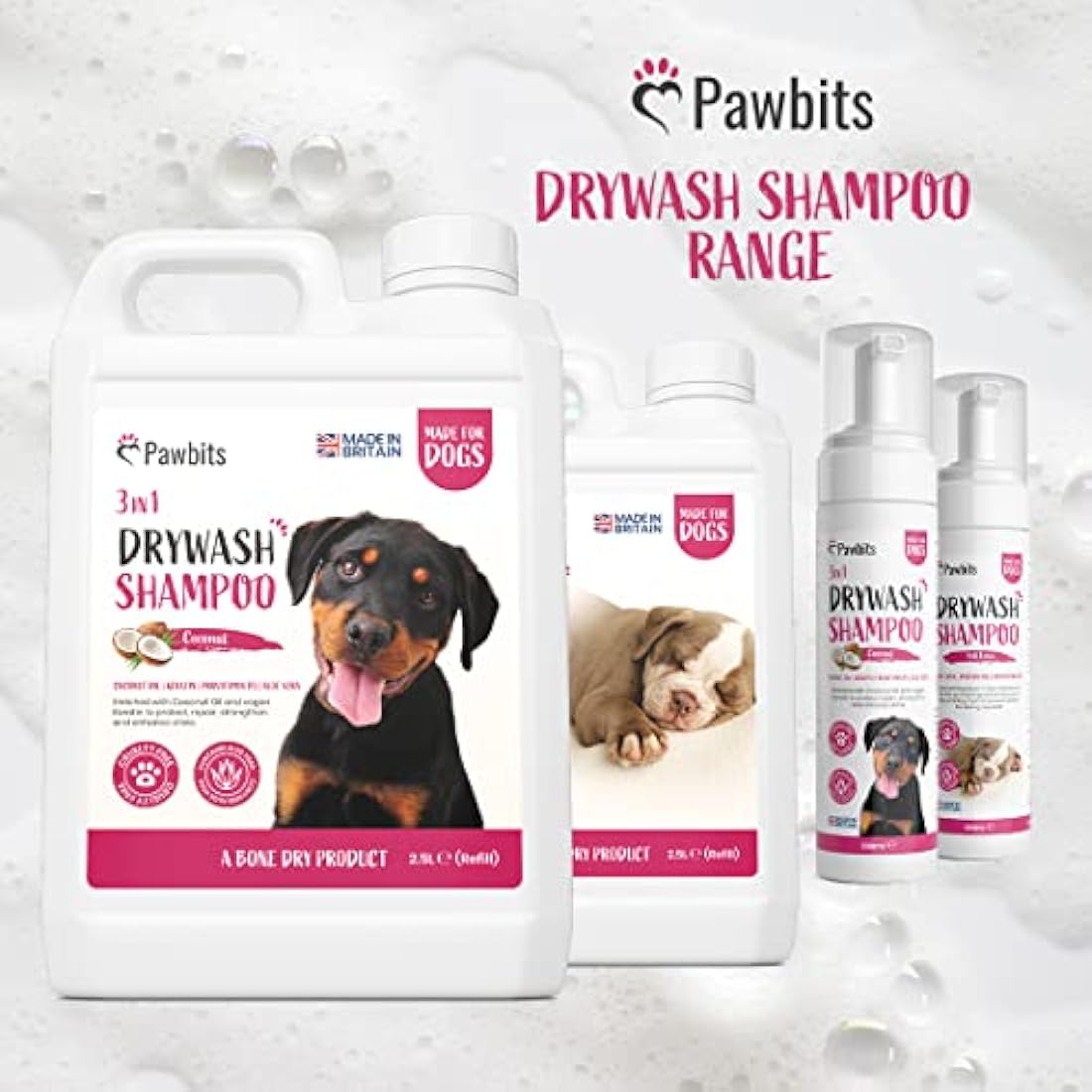 Pawbits Drywash Shampoo for Dogs - Puppy Friendly 3-in-1 Dry Shampoo to Clean, Condition & Detangle – No Water Required (Coconut - 2.5L)