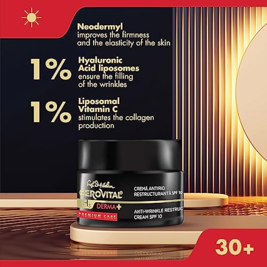 Gerovital H3 Derma+ Premium Care Anti-Wrinkle Face Cream SPF 10 – Restructuring & Firming, Reduces Wrinkles, Restores Elasticity, Anti-Aging Skincare, 50ml