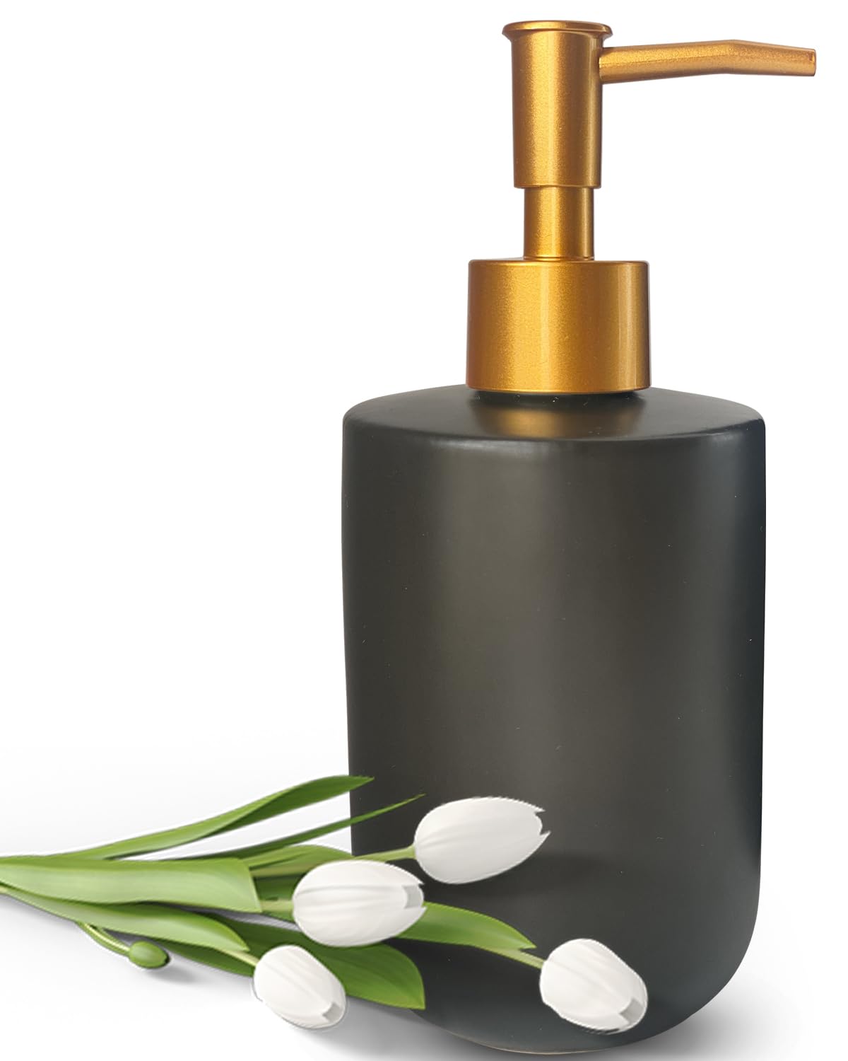 Liquid Soap Dispenser for Bathroom with Gold Pump?Dish Soap Dispenser for Kitchen?Refillable Countertop Lotion Ceramics Black Hand Soap Dispenser for