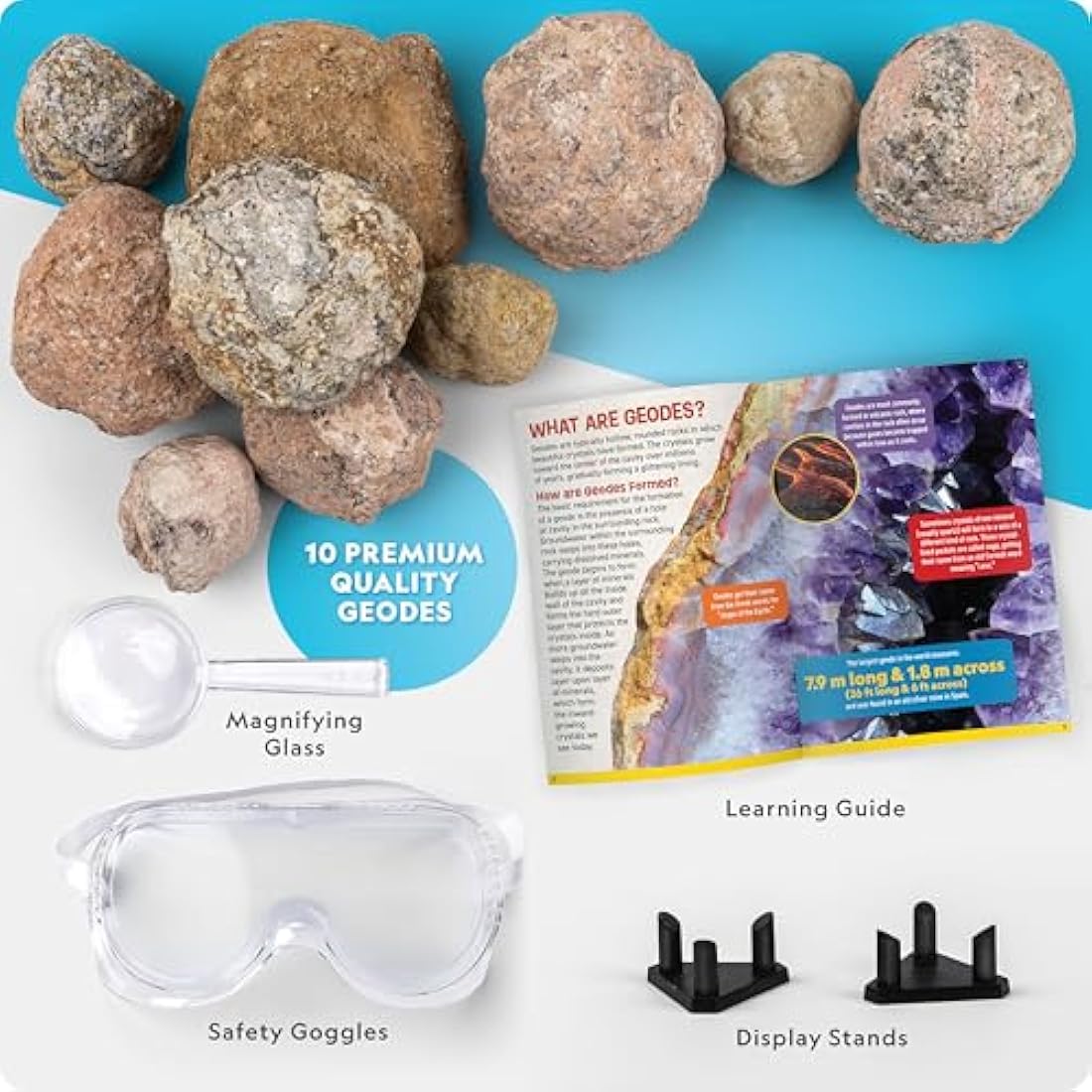NATIONAL GEOGRAPHIC Break Open 10 Premium Geodes – Includes Goggles and Display Stands - Great STEM Science Kit, Geology Gift for Kids, Geode Crystals, Toys for Boys and Girls